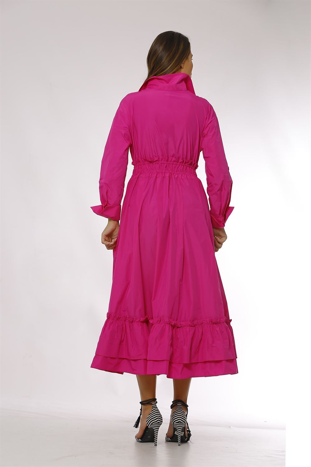 فستان من التفتا بحزام وجيوب جانبية - فوشيا