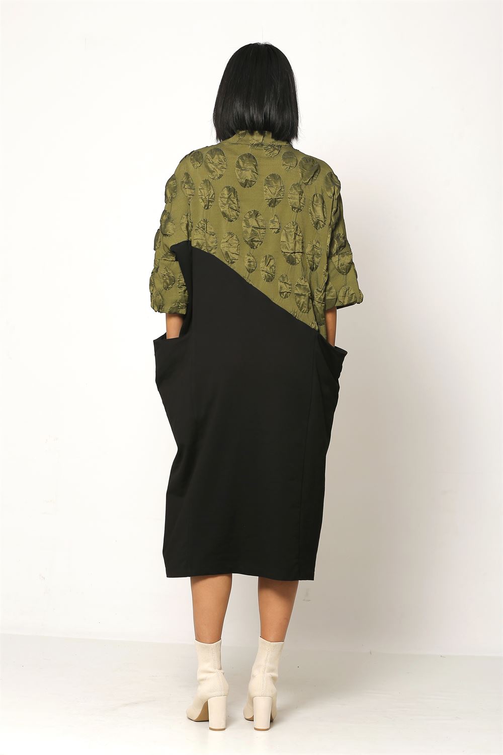 Jacquard Plain Knitted Fabric Dress - Khaki